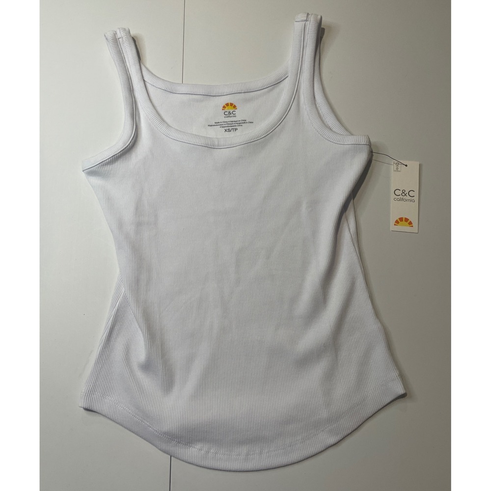 C&C California Womens White Ribbed Scoop Neck Tank Top Curved Hem XS NEW